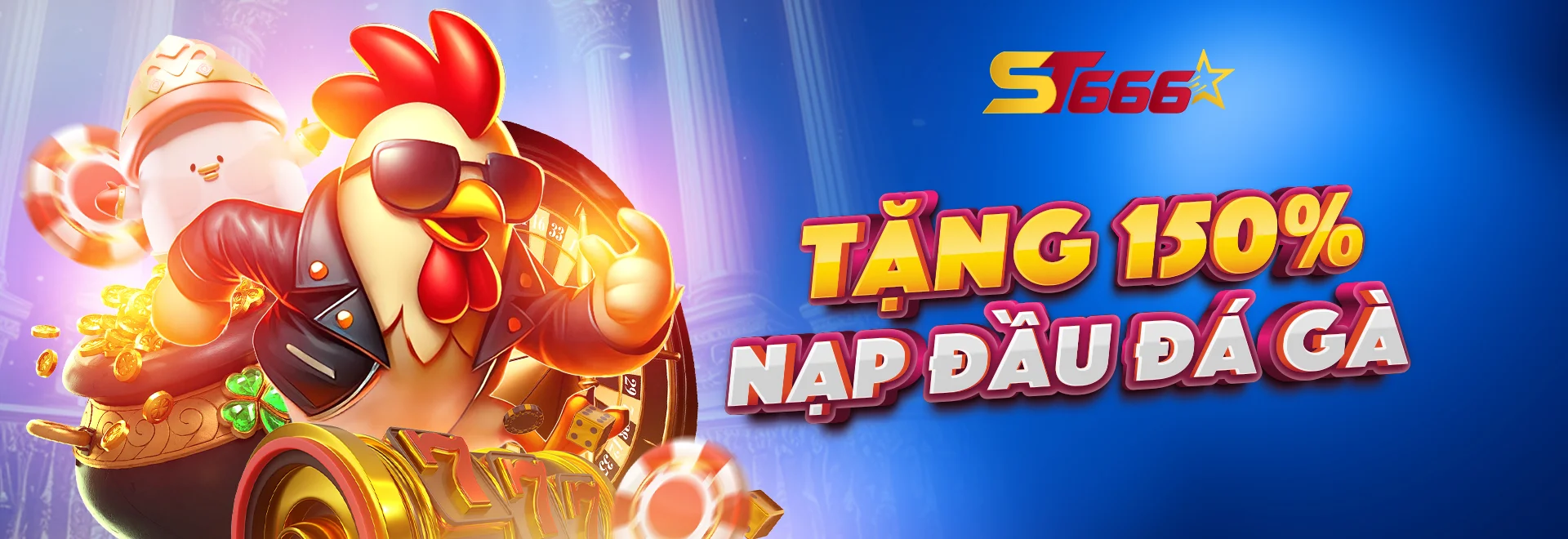 Hình ảnh khuyến mãi ST666 Casino với chú gà mặc áo da cưỡi xe vàng, biểu tượng “Tặng 150% nạp đầu đá gà”, nền xanh đỏ rực rỡ, tượng trưng cho ưu đãi lớn dành cho người chơi đá gà trực tuyến tại ST666.