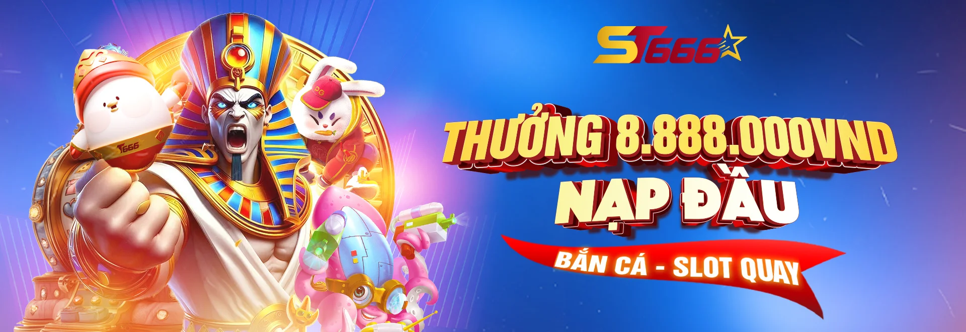 Banner ST666 Casino với nhân vật Pharaoh Ai Cập và linh vật ST666, hiển thị chương trình “Thưởng 8.888.000 VND nạp đầu Bắn Cá – Slot Quay”, biểu tượng vàng và ánh sáng xanh mang ý nghĩa tài lộc và chiến thắng.
