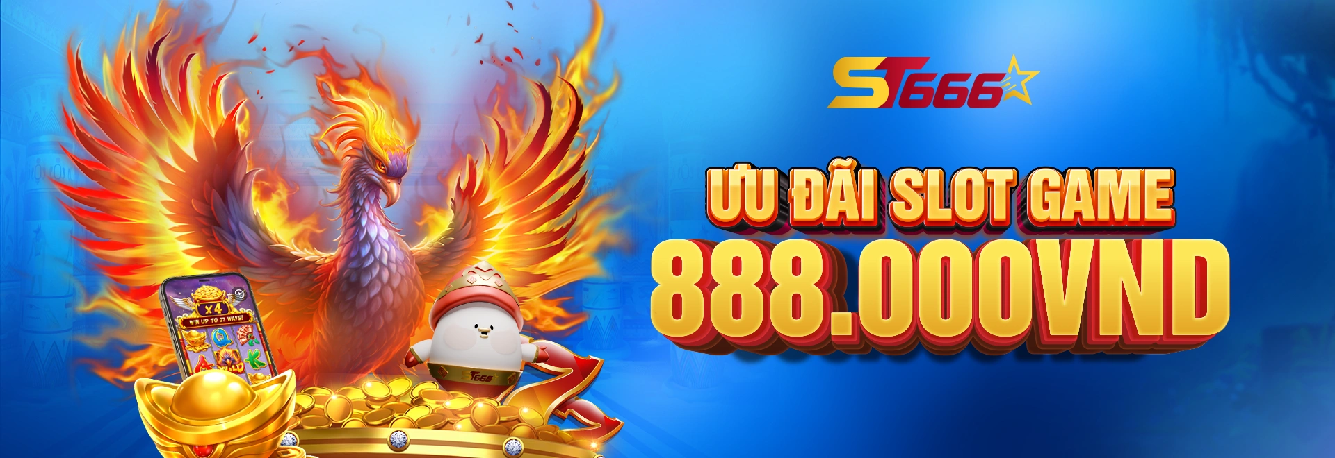 Banner ST666 Casino Việt Nam với phượng hoàng lửa rực cháy, biểu tượng vàng và tiền xu, kèm dòng chữ “Ưu đãi Slot Game 888.000 VND”, thể hiện chương trình khuyến mãi đặc biệt cho người yêu thích trò chơi slot.